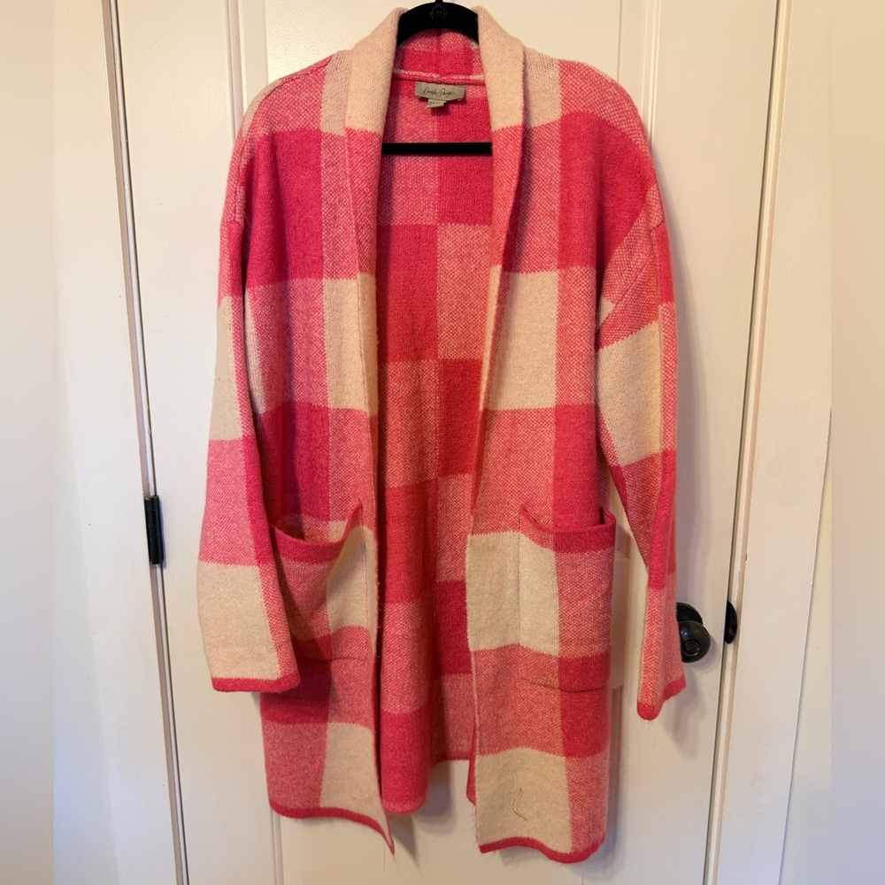 Charlie Paige Pink and Cream Plaid Cardigan